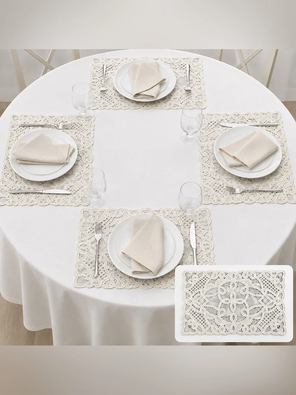 SOLD - 5 Piece Ivory Lace Cutwork Placemat Set Cottagecore Table Linens 16x10